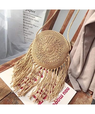 Women Round Handbags Straw Bag holiday beach round bag Tassel Vintage Cotton line Messenger Bag A-khaki $16.63 Totes