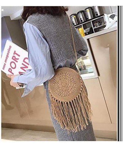 Women Round Handbags Straw Bag holiday beach round bag Tassel Vintage Cotton line Messenger Bag A-khaki $16.63 Totes