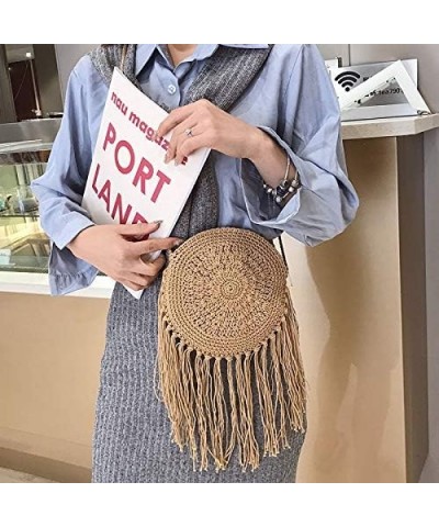 Women Round Handbags Straw Bag holiday beach round bag Tassel Vintage Cotton line Messenger Bag A-khaki $16.63 Totes