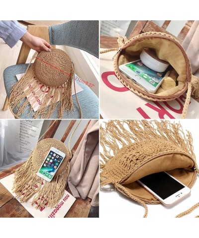 Women Round Handbags Straw Bag holiday beach round bag Tassel Vintage Cotton line Messenger Bag A-khaki $16.63 Totes