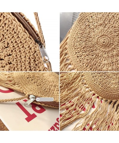 Women Round Handbags Straw Bag holiday beach round bag Tassel Vintage Cotton line Messenger Bag A-khaki $16.63 Totes