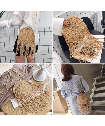 Women Round Handbags Straw Bag holiday beach round bag Tassel Vintage Cotton line Messenger Bag A-khaki $16.63 Totes