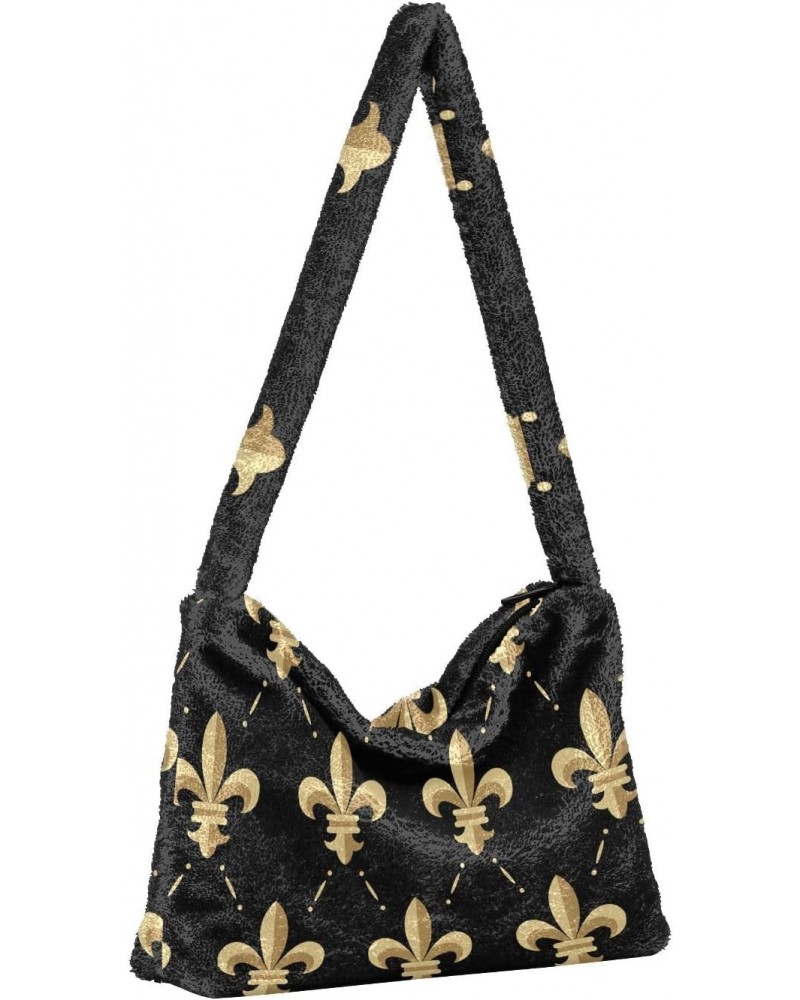 Mardi Gras Women Boho Handbag Fleur De Lis Antique Gold Underarm Bag Tote Bag Shoulder Bag Crossbody Bag Fluffy Cell Phone Pu...