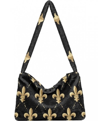 Mardi Gras Women Boho Handbag Fleur De Lis Antique Gold Underarm Bag Tote Bag Shoulder Bag Crossbody Bag Fluffy Cell Phone Pu...