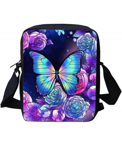 Women Men Small Crossbody Bag Messenger Purse for Traveling Shopping Butterfly Rose $10.99 Satchels