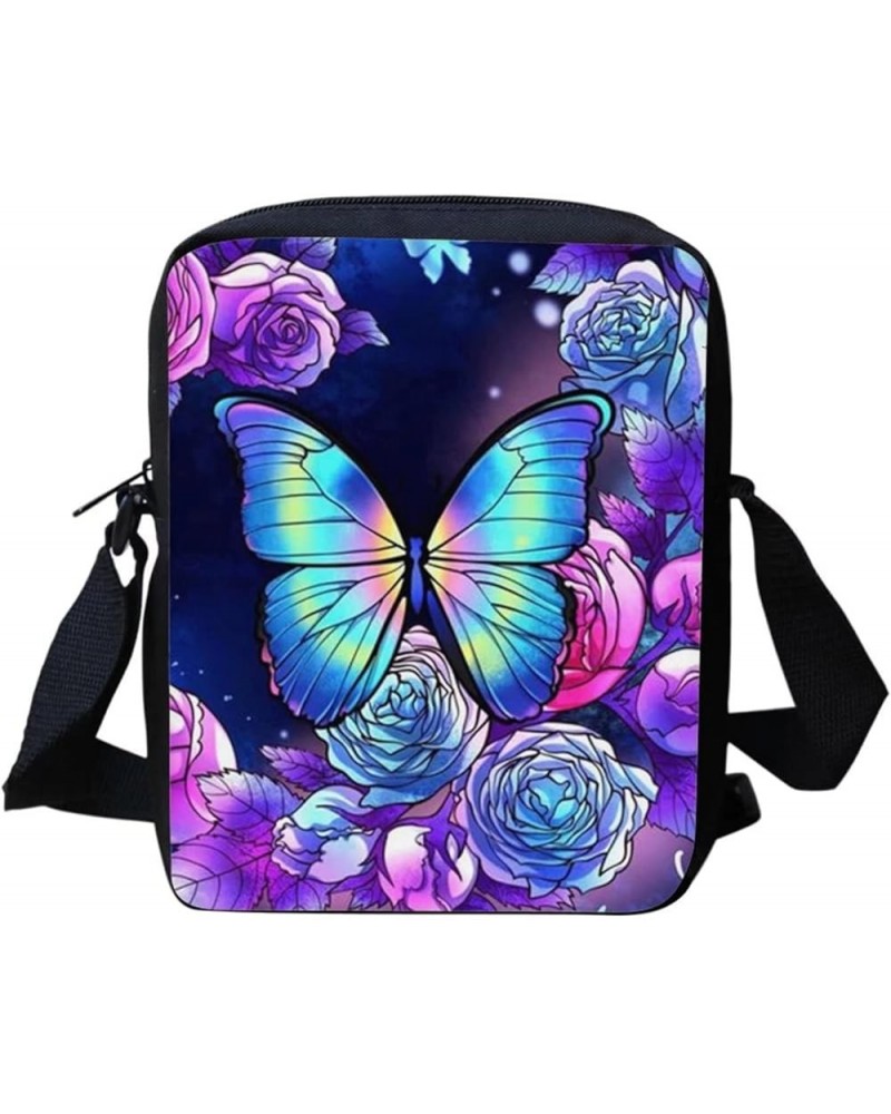 Women Men Small Crossbody Bag Messenger Purse for Traveling Shopping Butterfly Rose $10.99 Satchels