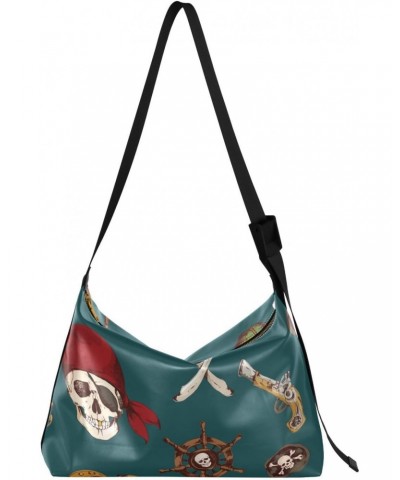 Colored Pirates Skull Saber Hobo Shoulder Bag for Women Men PU Leather Crossbody Bag Slouchy Tote Handbags for Work Travel $1...