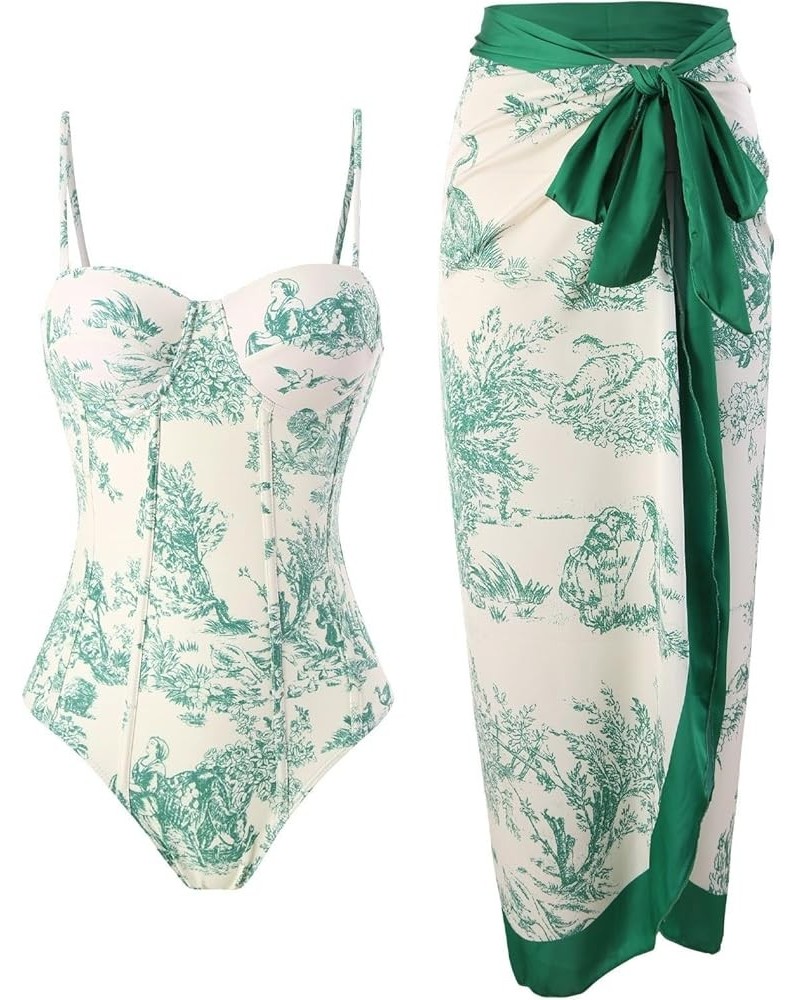 Women's Retro Piece Swimsuit with Deep V Tie Chiffon Skirt Set Shaver for Woman Bikini and Body Green-i $12.25 Totes