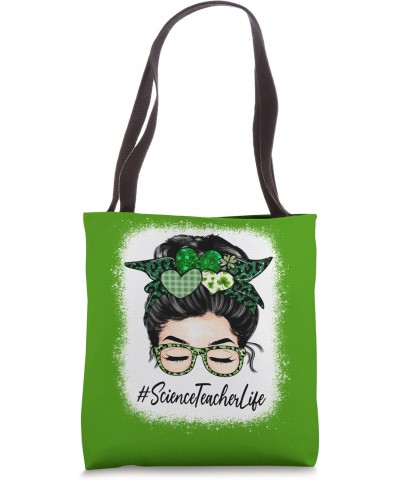 Science Teacher Women Messy Bun St Patrick's Day Shamrock Tote Bag $14.21 Totes