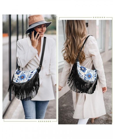 Blue Purple Flowers Tassel Crossbody Handbags for Women Ample Capacity Shoulder Bag with Adjustable Strap Durable Satchel Pur...