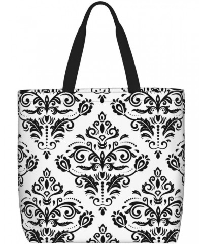 Women'S Soft Tote Shoulder Bag Damask-Black-White-Ornament Foldable Travel Purse With Zipper Closure $16.21 Totes