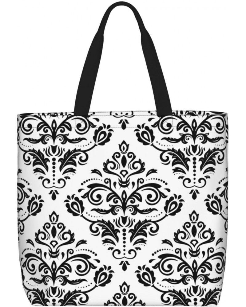 Women'S Soft Tote Shoulder Bag Damask-Black-White-Ornament Foldable Travel Purse With Zipper Closure $16.21 Totes