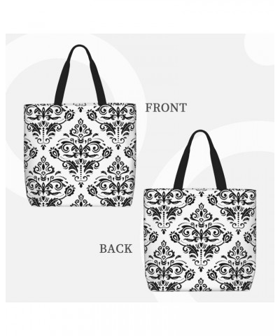 Women'S Soft Tote Shoulder Bag Damask-Black-White-Ornament Foldable Travel Purse With Zipper Closure $16.21 Totes