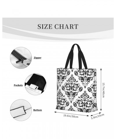 Women'S Soft Tote Shoulder Bag Damask-Black-White-Ornament Foldable Travel Purse With Zipper Closure $16.21 Totes