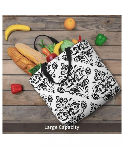 Women'S Soft Tote Shoulder Bag Damask-Black-White-Ornament Foldable Travel Purse With Zipper Closure $16.21 Totes