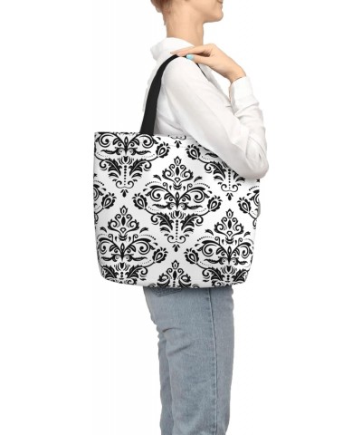 Women'S Soft Tote Shoulder Bag Damask-Black-White-Ornament Foldable Travel Purse With Zipper Closure $16.21 Totes