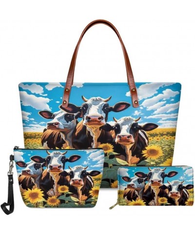 Purses and Handbags for Womens Satchel Shoulder Tote Bags Wallets 3PCS Sky Yellow Sunflower Cow $29.69 Totes