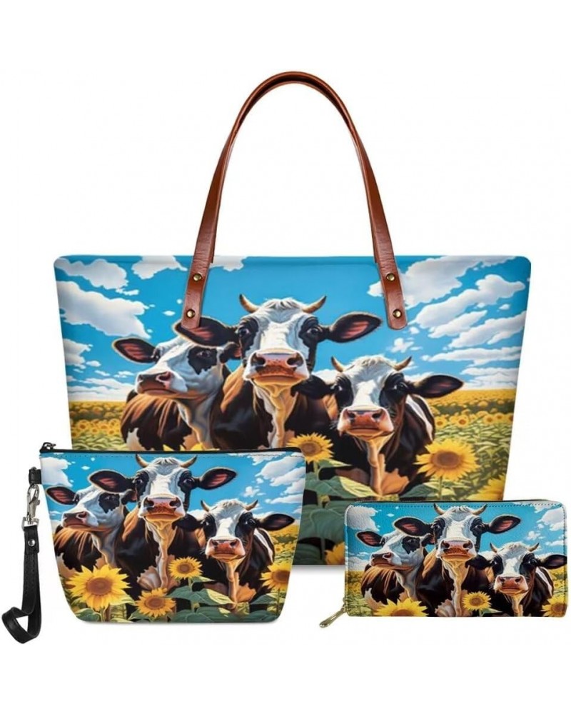 Purses and Handbags for Womens Satchel Shoulder Tote Bags Wallets 3PCS Sky Yellow Sunflower Cow $29.69 Totes