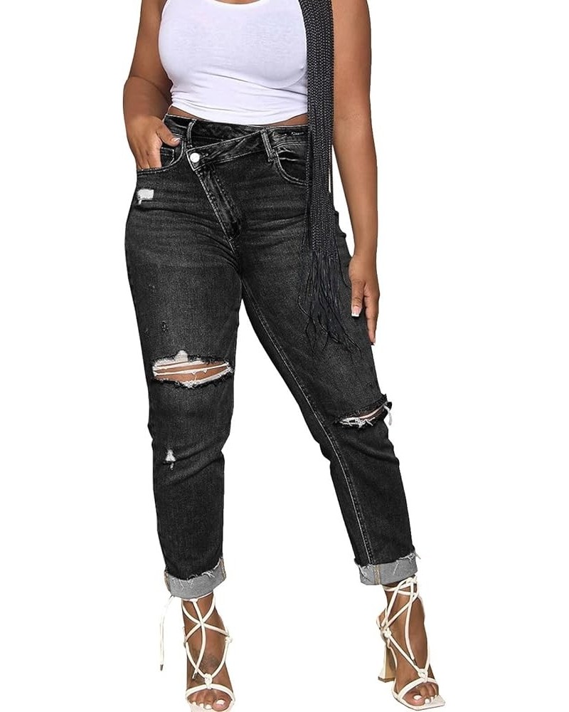 Women 2023 Casual Sexy Personality Ripped Stretch Buttons Jeans Close Fitting Pant Black $17.28 Clothing