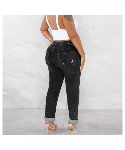 Women 2023 Casual Sexy Personality Ripped Stretch Buttons Jeans Close Fitting Pant Black $17.28 Clothing