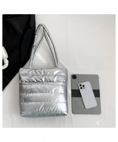 Large Capacity Puffer Tote Bag Versatile Puffy Tote Handbag Winter Dating Bag Women Quilted Shoulder Bag Silver $8.95 Totes