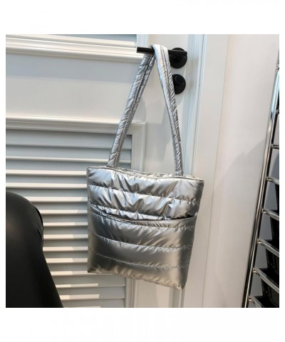 Large Capacity Puffer Tote Bag Versatile Puffy Tote Handbag Winter Dating Bag Women Quilted Shoulder Bag Silver $8.95 Totes