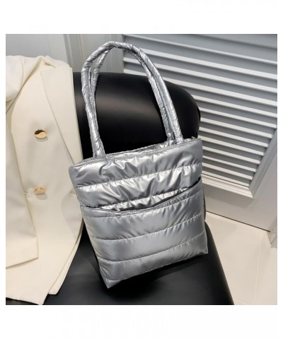 Large Capacity Puffer Tote Bag Versatile Puffy Tote Handbag Winter Dating Bag Women Quilted Shoulder Bag Silver $8.95 Totes