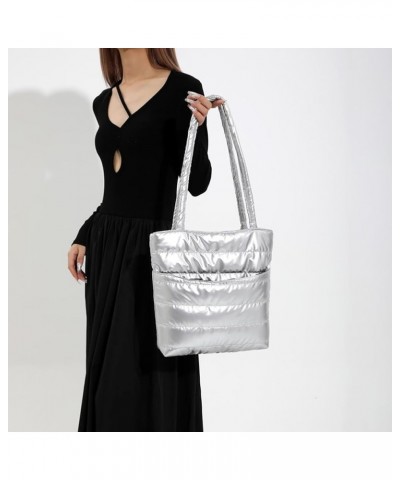 Large Capacity Puffer Tote Bag Versatile Puffy Tote Handbag Winter Dating Bag Women Quilted Shoulder Bag Silver $8.95 Totes