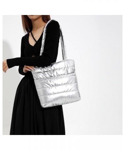 Large Capacity Puffer Tote Bag Versatile Puffy Tote Handbag Winter Dating Bag Women Quilted Shoulder Bag Silver $8.95 Totes