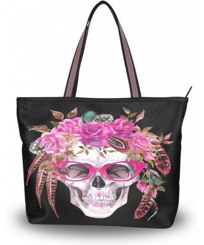 Womens Tote Bag, Watercolor Human Skull with Flowers and Feathers Ladies Zip Shoulder Handbags $14.15 Shoulder Bags