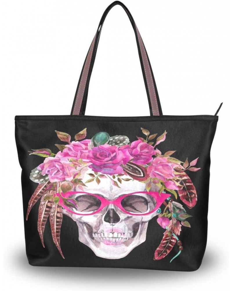 Womens Tote Bag, Watercolor Human Skull with Flowers and Feathers Ladies Zip Shoulder Handbags $14.15 Shoulder Bags