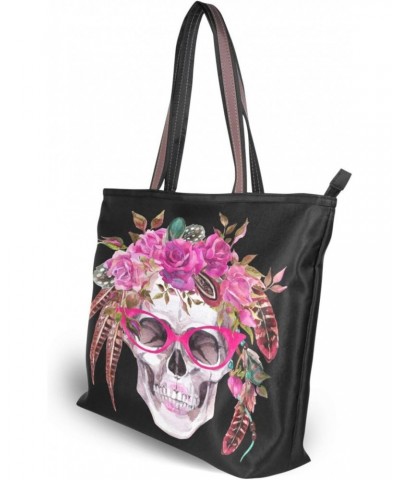 Womens Tote Bag, Watercolor Human Skull with Flowers and Feathers Ladies Zip Shoulder Handbags $14.15 Shoulder Bags