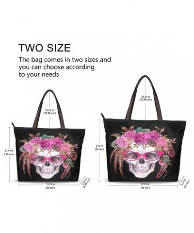 Womens Tote Bag, Watercolor Human Skull with Flowers and Feathers Ladies Zip Shoulder Handbags $14.15 Shoulder Bags