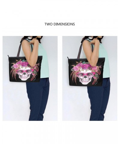 Womens Tote Bag, Watercolor Human Skull with Flowers and Feathers Ladies Zip Shoulder Handbags $14.15 Shoulder Bags